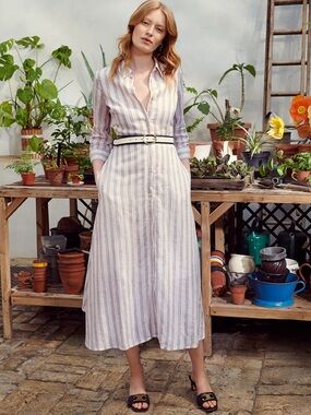 Hobbs London Ciara Striped Linen Midi Shirt Dress US 10 / UK 14 Belt Included